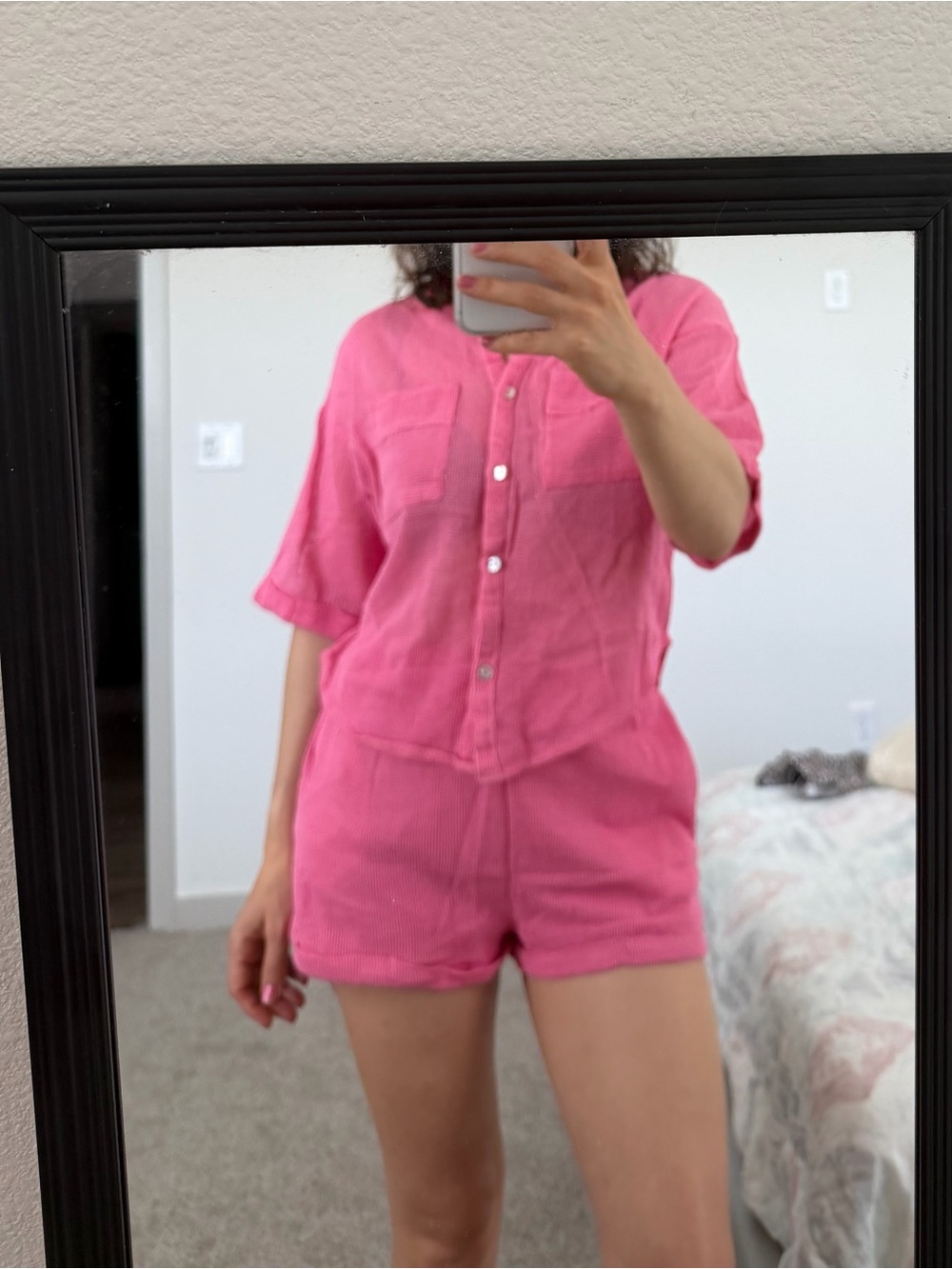4SI3NNA Pink Two Piece Lounge Set XS Waffle Knit Button Shirt & Shorts